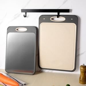Stainless Steel Cutting Board For Kitchen, Double Sided Wheat Straw Cutting Board for Meat Veggies Fruits, Scratch Resistant and Knife Friendly Chopping Board with Garlic Shredder, 16”×11