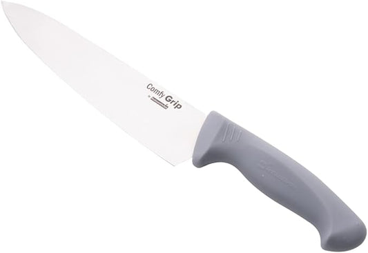 Restaurantware Comfy Grip 8 Inch Chef's Knife 1 Sharp Kitchen Knife - Ergonomic Handle Non-Slip Grip Gray Stainless Steel Cook's Knife Dishwashable Slice Dice Mince or Chop Ingredients