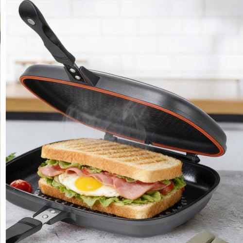 Nonstick Double Frying Pan, 18.1x14.2in Double Multipurpose Double Grill Pan Portable Grill Pot for Home Cooking Sandwich Panini Barbecue Chicken Fish