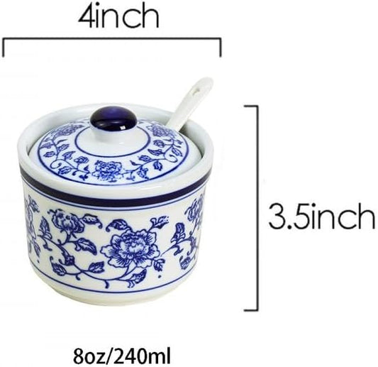 Retro Ceramic Blue and White Sugar Bowl Seasoning Pot Storage Jar with Lid
