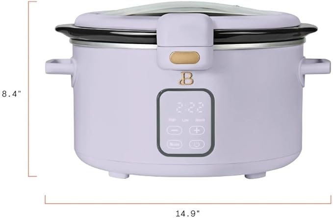 Beautiful by Drew 4.0-Quart Programmable Slow Cooker with Hinged Lid, Digital Timer, Keep Warm Function, Removable Stoneware Pot, Stainless-Steel Accents (Lavander)