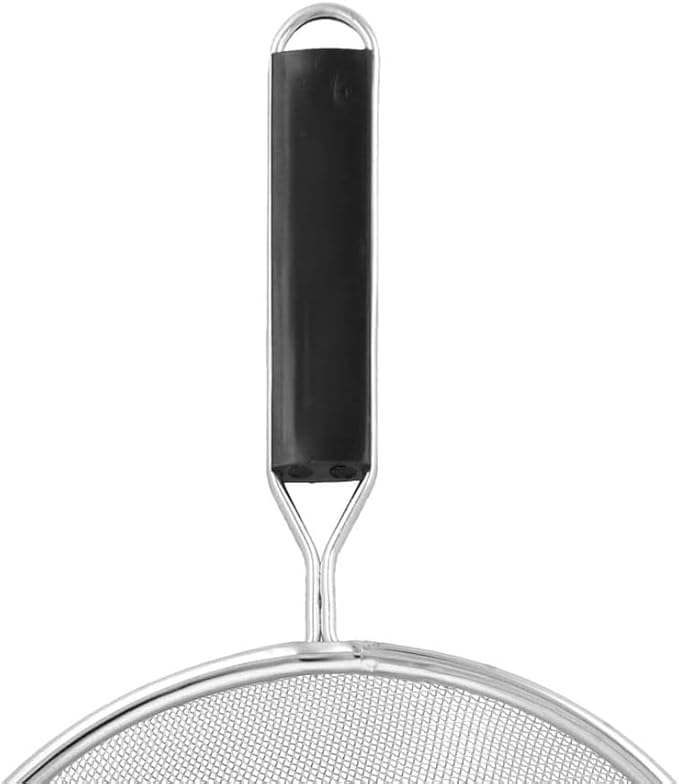 TrueCraftware- 8-Inch Single Fine Mesh Strainer Stainless Steel 6-1/2" Handle Length Black Plastic Handle- Kitchen Utensil Food Strainer Skimmer Spoon for Cooking Sieve Sifters Pasta Fruits Vegetable