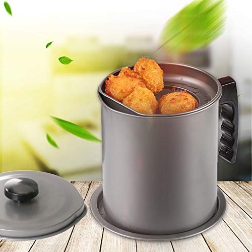 Cambom Bacon Grease Container with Fine Mesh Strainer, 1.6L almost 7 Full Cups Iron Cooking Oil Can with Removable a Coaster Tray for Kitchen Fat Storage Grey