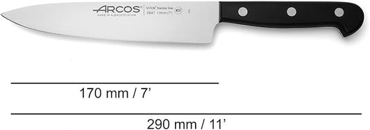 Arcos Chef Knife 7 Inch Stainless Steel. Professional Cooking Knife For Cutting Variety of Foods. Ergonomic Polyoxymethylene Handle and 175 mm Blade. Series Universal. Color Black