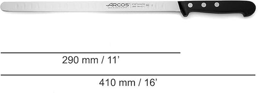 Arcos Salmon Knife/Fish Knife 11 Inch Nitrum Stainless Steel and 290 mm blade. Ergonomic Polyoxymethylene POM Handle. Series Universal. Long, sturdy blade and serrated edge. Easily cuts. Color Black