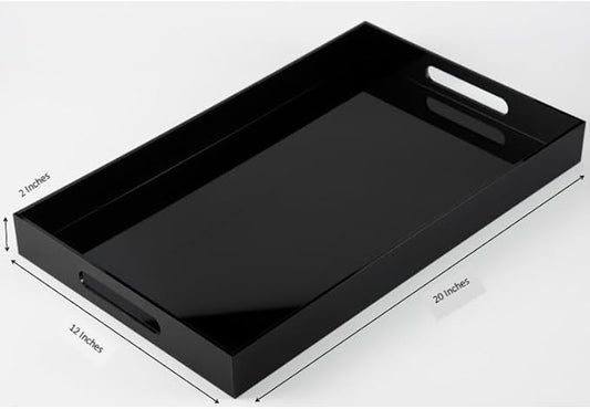 Glossy Black Sturdy Acrylic Serving Tray with Handles-12x20Inch-Serving Coffee,Appetizer,Breakfast,Butler-Kitchen Countertop Makeup Drawer Organizer-Vanity Table Ottoman Decorative Tray
