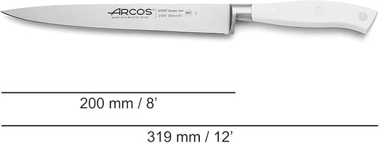 Arcos Forged Knife 8 Inch Nitrum Stainless Steel and 200 mm blade. Sharp Knife to Meat and Fish. Ergonomic Polyoxymethylene POM Handle. Series Riviera Blanc. Color White