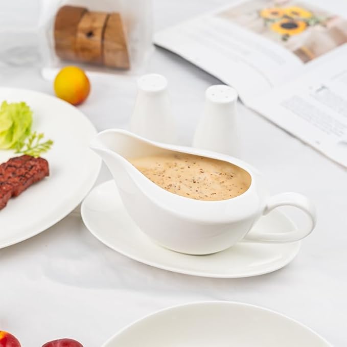 Fine Bone china Gravy Boat with Saucer, Free Salt&Pepper Shaker for Promotion, 14 oz Large Capacity, Pure White Color, Thin and Light Weight, Comfortable to Hold and Easy To Clean, Dishwasher Safe