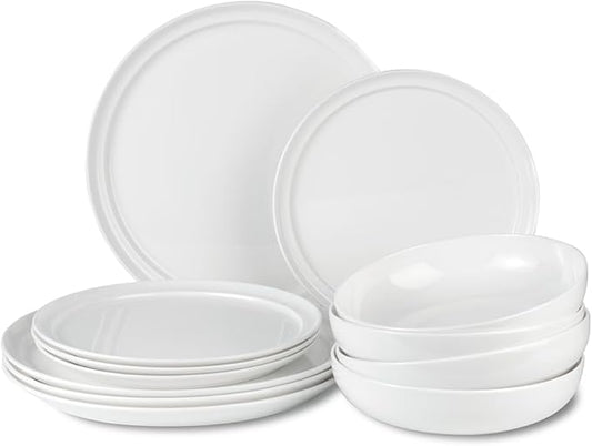 Lafayette St. Fine Bone China 12 Piece Dinnerware Set, Service For 4; Elegant Lightweight Ivory White Plates & Bowls with a Gloss Finish; Microwave & Dishwasher Safe