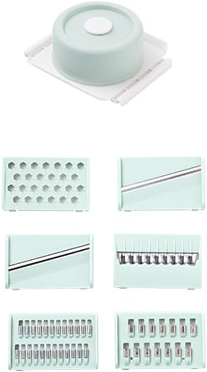 Adjustable Mandoline Food Slicer for Kitchen, Hand Safe Vegetable Shredder with 6 Blades, Vegetable, Potato,Carrot, Onion Stainless Steel Cutter with Anti Slip Pad, Hand Protector (Round Mint Green,