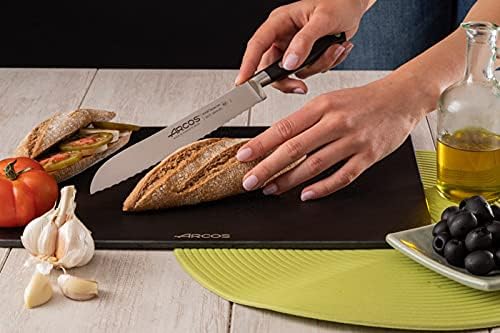 Arcos Bread Knife 8 Inch Nitrum Stainless Steel and 200 mm blade. Obtain a great variety of cuts for your food Ideal knife for daily domestic use. Series Riviera. Color Black.