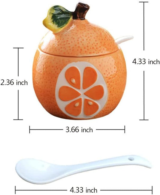 Ceramics Fruit Shaped Sugar Bowl Salt Pot Pepper Storage Jar with Lid and Spoon Seasoning Box Condiment Pots (Orange Pomelo)