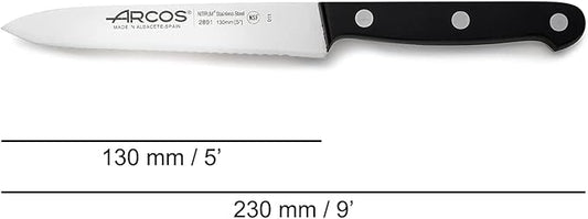 Arcos Paring Knife 5 Inch Stainless Steel. Serrated Tomato Knife for Cutting and Chopping. Ergonomic Polyoxymethylene Handle and 130mm Blade. Series Universal. Color Black