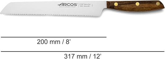 Arcos Bread Knife 8 Inch Nitrum Stainless Steel and 200 mm blade. Obtain a great variety of cuts for your food. Ideal knife for daily domestic use. Series Nordika. Color Brown.