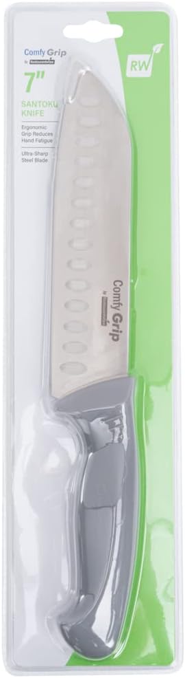 Restaurantware Comfy Grip 7 Inch Santoku Knife 1 Sharp Kitchen Knife - Ergonomic Handle Non-Slip Grip Gray Stainless Steel Japanese Chef Knife Dishwashable Granton Edge