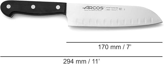 Arcos Santoku Knife 7 Inch Stainless Steel. Japanese Sharp Knife for Fish, Meat and Vegetables. Ergonomic Polyoxymethylene Handle and 170mm Blade. Series Universal. Color Black
