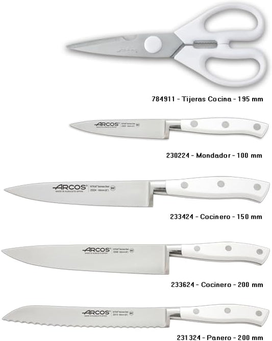 Arcos Forged Knife Block 5 pieces Nitrum Stainless Steel. 4 Professional Kitchen Knives with Ergonomic Polyoxymethylene POM Handle. Series Riviera Blanc. Color White