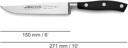 Arcos Kitchen Knife 6 Inch - Nitrum Stainless Steel and 150 mm blade.Professional Kitchen Knife for Cooking. Ergonomic Polyoxymethylene POM Handle. Series Riviera Blanc. Color Black