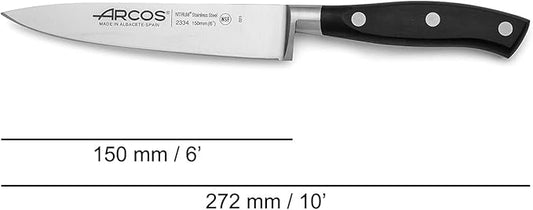 Arcos Forged Chef Knife 6 Inch Stainless Steel. Multi-use Professional Cooking Knife for Cutting Meat and Vegetables. Ergonomic Polyoxymethylene Handle and 150mm Blade. Series Riviera. Color Black