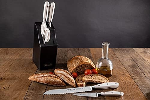Arcos Forged Knife 5 pieces - Nitrum Stainless Steel and mm blade. 3500 gr. Ergonomic Polyoxymethylene POM Handle. Series Riviera Blanc. Thin blade with a characteristic smooth edge. Color White
