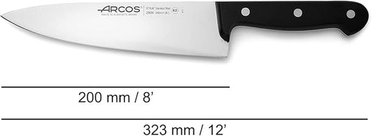 Arcos Chef Knife 8 Inch Stainless Steel. Cooking Knife to Cut Meat, Fish, Poultry, Fruit and Vegetables. Ergonomic Polyoxymethylene Handle and 200mm Blade. Series Universal. Color Black