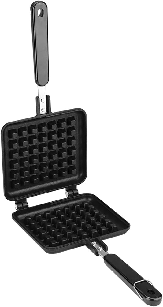 Household Kitchen Gas Non Stick Waffle Maker Pan, Waffle Baking Mold Press Plate, Double - Sided Aluminum Alloy Waffle Iron with Long Heat Insulation Handle, for Stovetop Cooking a