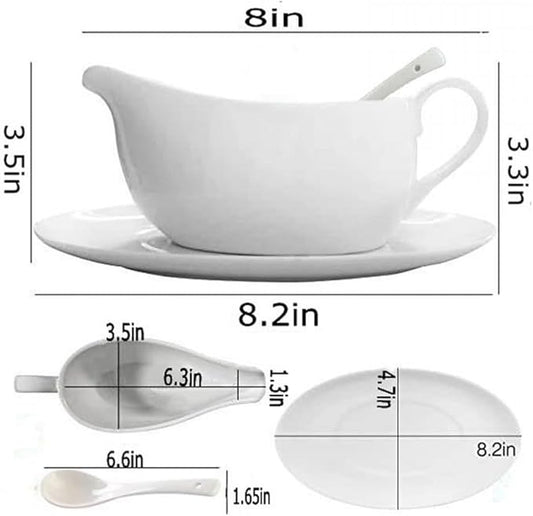 Qlans Gravy Boat With Ladle and Saucer 17 Oz,Ceramic Sauce Boat with Tray for Salad Dressings Milk,Warming Sauces,Creamer,Broth,Black Pepper,White (1 PCS New Gravy Boat With Ladle and Saucer)