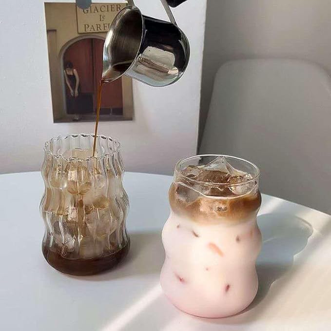 2 Pcs Ribbed Glass Cups, 18 Oz Vintage Drinking Glassware with Wave Shape Design, Bubble Cups for Iced Coffee, Juice, Beverage, Milk, Cocktails, Bubble Tea,
