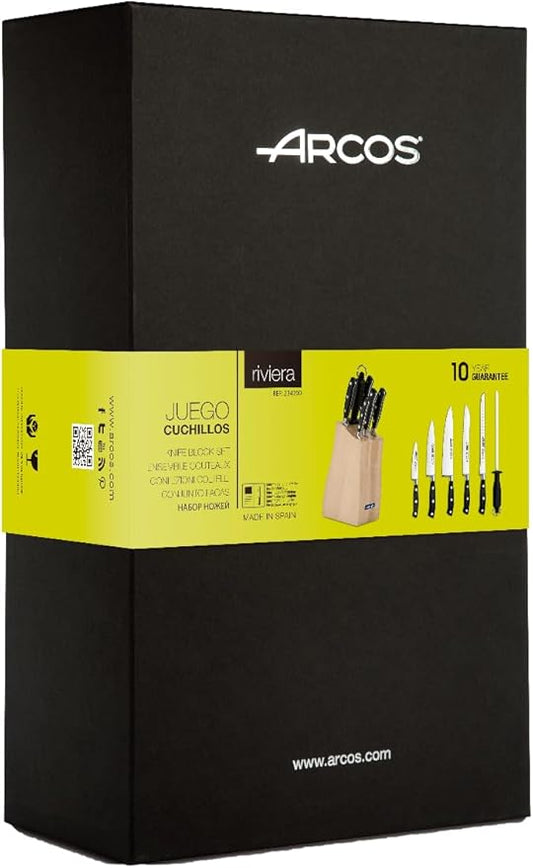 Arcos Forged Block Knife 6 piece Nitrum Stainless Steel. 4055 gr. Multi-use Cooking Knife for Cutting Meat and Vegetables. Ergonomic Polyoxymethylene POM Handle. Series Riviera. Color Black.