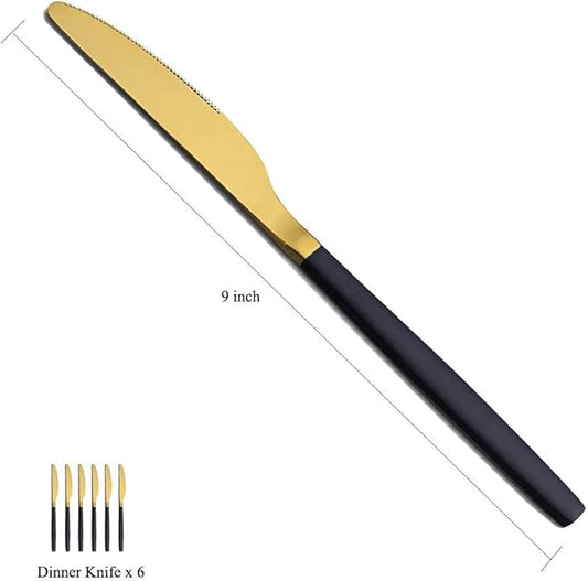 Dinner Knives 6 Pieces Black And Gold Plating, Homquen Sturdy 9" Stainless Steel Modern Design Knife, Knifes Set With Round Edge Dishwasher Safe