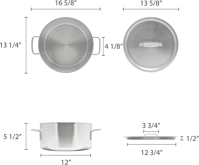 TrueCraftware-12 qt. Aluminum Brazier Pot with Cover 6mm Thickness- Heavy Weight Cookware Braiser Pan Braising Pan Perfect Roasting Baking Sauteing Searing and Pan Frying Mirror-Finished