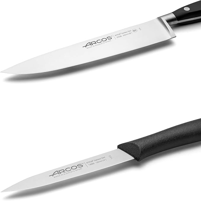 Arcos 2-Piece Precision Knife Set - Ultra-Sharp 8-Inch Chef's Knife & 3-Inch Paring Knife, Spanish Engineered with Over 290 Years of Expertise, Ergonomic Black POM Handle, 10-Year Warranty
