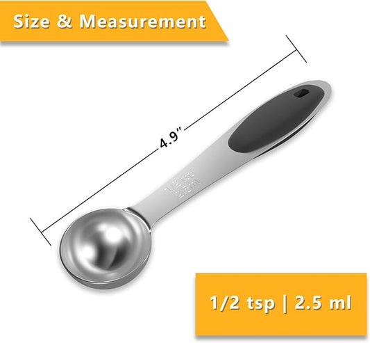 LEIFENY 2PCS 1/2 Tsp(1/6tbsp, 2.5ml) Single Measuring Spoon with Black Silicone Grip, Stainless Steel Individual Measure Scoop Only