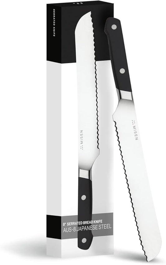 Misen Serrated Bread Knife - High-Carbon Japanese AUS8 Steel - Perfect for Soft Foods, Bread, Pastries, and Fruits - Verstatile Slicer, Razor-Sharp Edge, Durable Blade, Ergonomic Handle - 10", Black