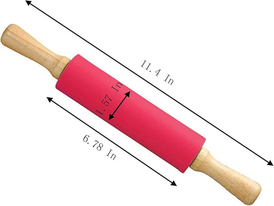 Silicone Rolling Pin, Red 11.4 Inch Pin with Wooden Rotatable Handle for Dough of Baking Bread, Cookie, Pizza (red, 11.4 inch)