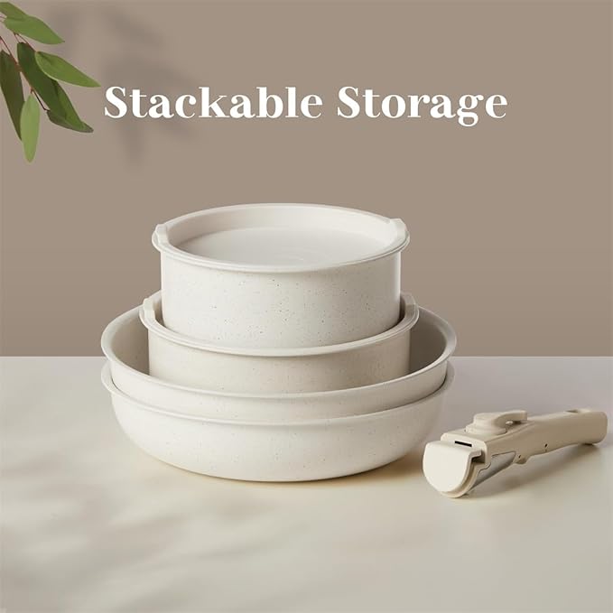 12 Pcs Pots and Pans Set, Nonstick Kitchen Cookware Sets Detachable Handle, Induction Healthy Non Stick RV Cookware, Dishwasher & Oven Safe, Beige