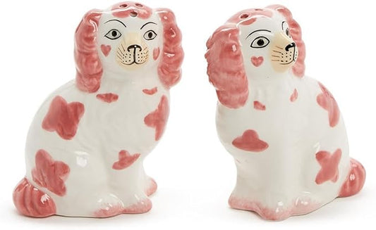 Two's Company Staffordshire Dog Salt and Pepper Shaker Set - Hand-Painted Ceramic, 3.5-Inches Height (Pink and White)