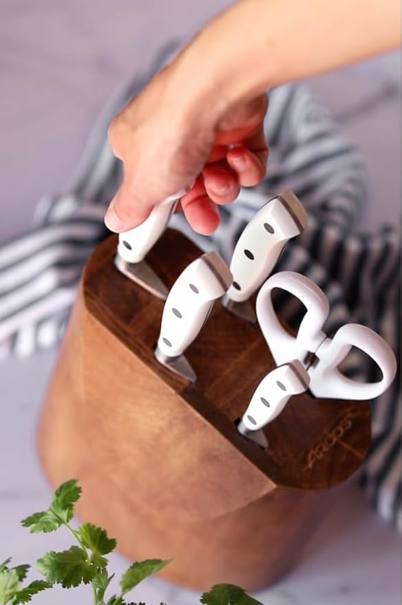 Arcos Forged Knife Block 5 pieces Nitrum Stainless Steel. 4 Professional Kitchen Knives with Ergonomic Polyoxymethylene POM Handle. Series Riviera Blanc. Color White
