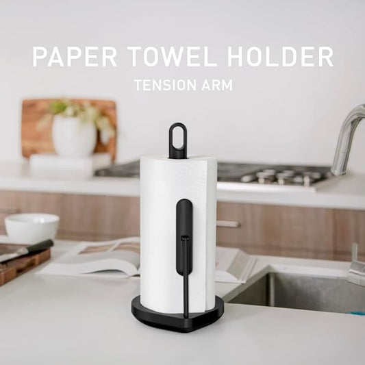 simplehuman Tension Arm Standing Paper Towel Holder, Heavy-Duty, Easy One-Handed Tear, Kitchen Countertop, Black Stainless Steel
