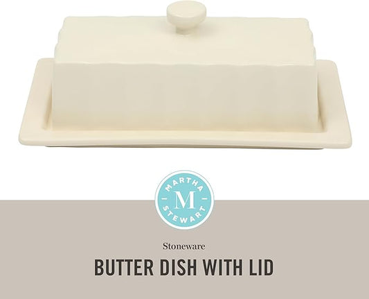 Martha Stewart Broadbrook Stoneware Butter Dish with Lid, Rectangular Covered Butter Keeper, 8.1 x 4.4 x 3 Inches, Classic Cream Glaze, Dishwasher Safe Ceramic Storage for Counter or Table