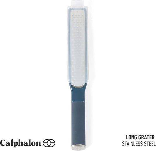 Calphalon Edge Stainless Steel Handheld Grater Lemon Zester W/Cover & Rubber Handle - Navy Blue