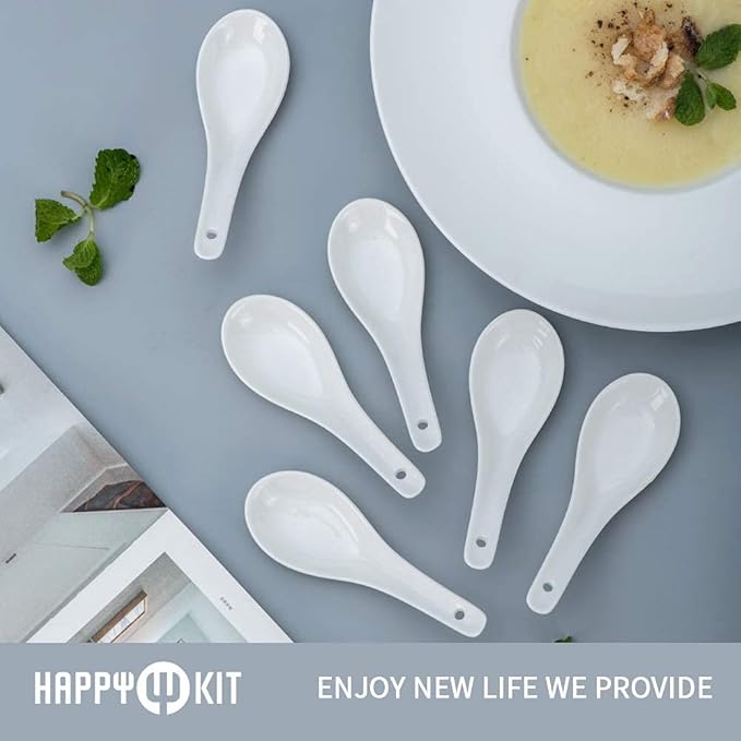 Soup Spoons Set of 6, Asian Ceramic Soup Spoons 5.3" Ramen Spoons Proper for Corelle Pho Miso Wonton Ramen Dumpling Macaron Dishwasher & Oven Safe