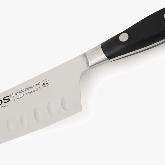 ARCOS Rocking Santoku Knife 7 Inch Stainless Steel. Japanese Professional Kitchen Knife for Cutting Fruits and Vegetables. Ergonomic Black Handle. Series Riviera Blanc