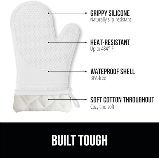 GORILLA GRIP BPA-Free Soft Silicone Oven Mitts, Heat Resistant and Waterproof Cooking Gloves, Thick Cotton Lining, Flexible Gripping for Baking Grilling, Kitchen Potholders Set of 2, 12.5x8.3, White