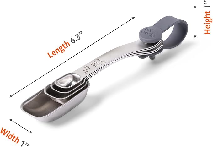 Full Circle Skinny Dip, Stainless Steel Measuring Spoons, 4-Piece Set - 1/4 tsp, 1/2 tsp, 1 tsp, and 1 Tbsp - Perfect for Spice Jars - Dishwasher Safe