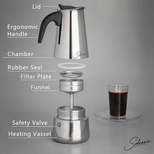 Solazzia Espresso Maker 9 Cup Moka Pot Stainless Steel Percolator coffee pot, Compatible with Gas, Electric, Ceramic, and Induction stovetops(15 fl oz/450 ml)