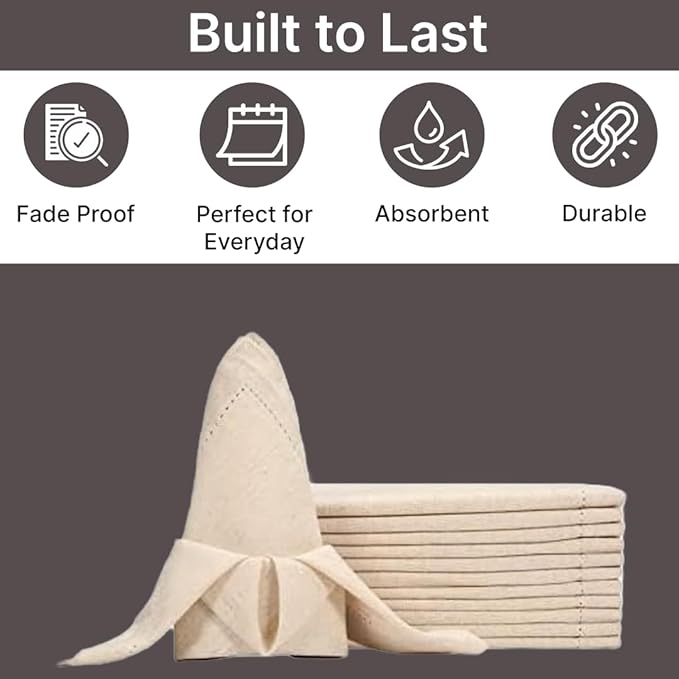 LFH Home Cloth Dinner Napkin Textured Cotton Flax Linen Hemstitched Napkin Set of 12, Machine Washable for Farmhouse, Living Room, Christmas, Family Gathering, 18x18 Inch Natural