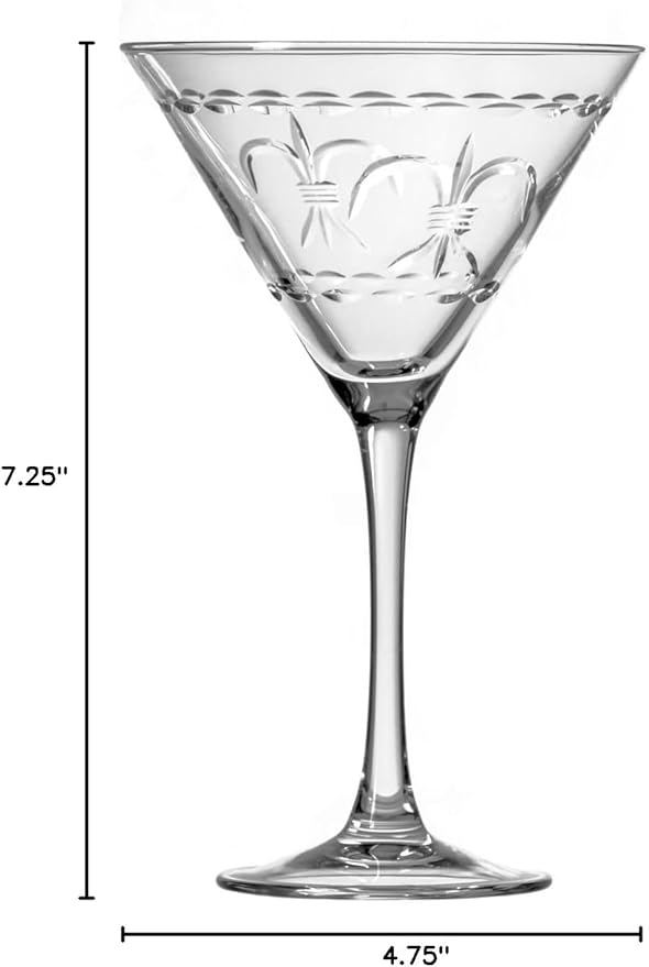 Rolf Glass Fleur De Lis Martini Glass 10 Ounce - Set of 2 Stemmed Martini Glasses - Lead-Free Glass - Diamond-Wheel Engraved Cocktail Glasses - Made in the USA