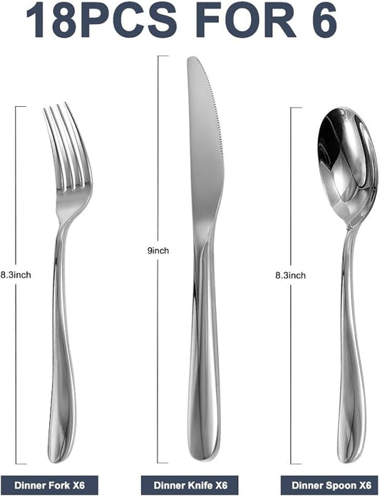 Stainless Steel 18PCS Dinner Set combo with 6 Dinner Knives, 6 Dinner Forks, 6 Dinner Spoons,Silverware Set for Home, Kitchen and Restaurant, Mirror Polished& Dishwasher Safe