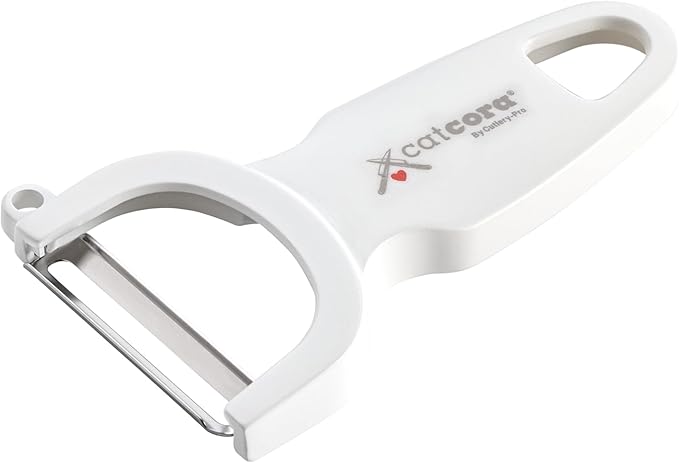CatCora Swiss-Style Peeler, Professional German Tempered Stainless Steel Blade For Peeling Fruits and Vegetables and Garnishing, Ergonomic Contoured Handle, White